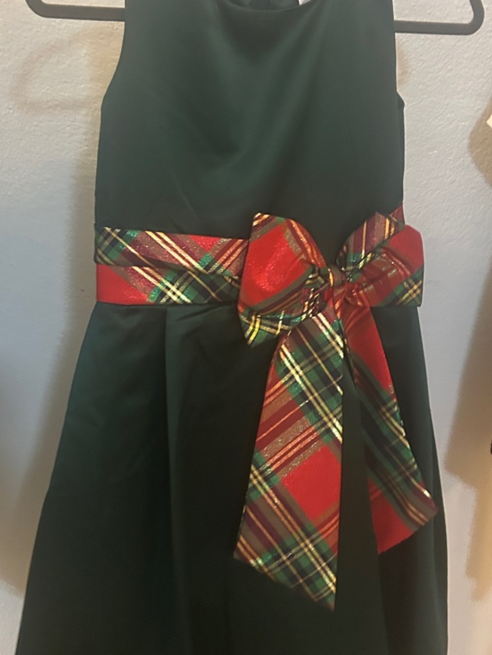 Rare Editions Dark Green Holiday Dress with Red Tartan Bow